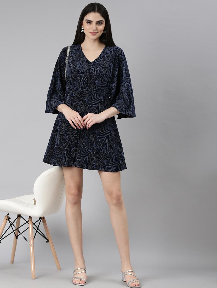 navy blue self designed a-line dress - 20383466 - Standard Image - 3