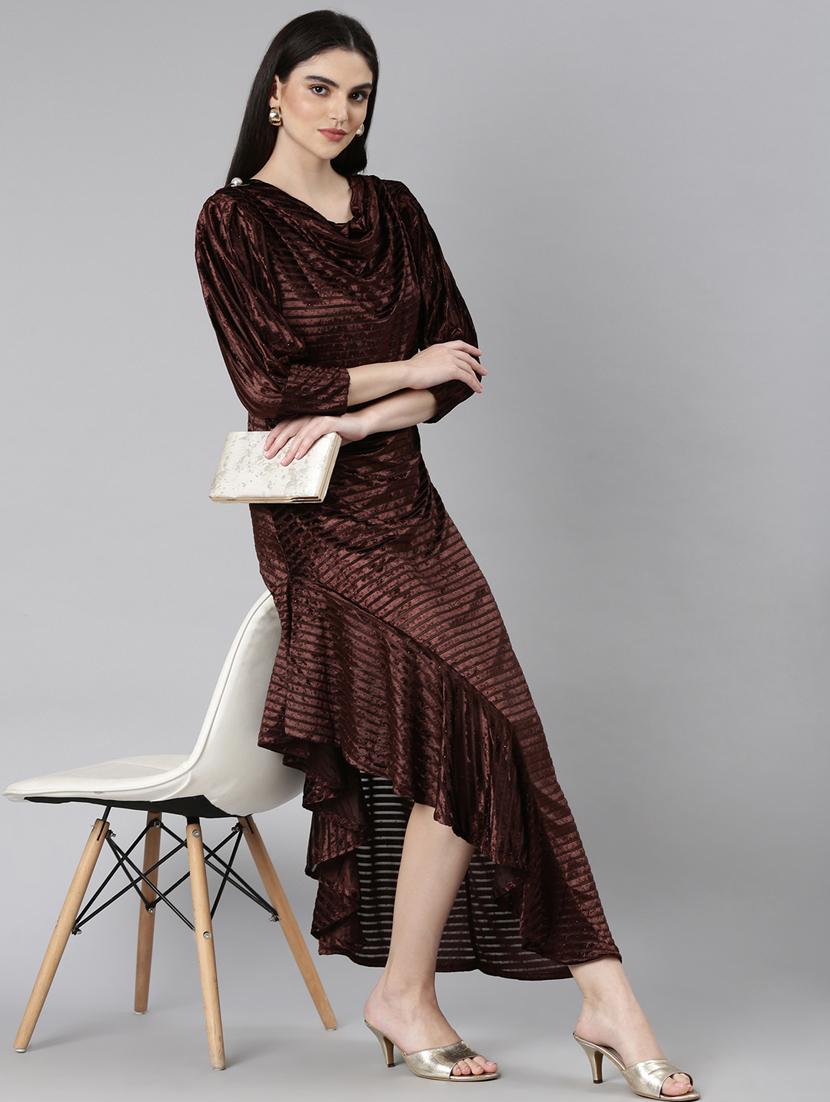 coffee brown self design asymmetric dress - 20383477 - Standard Image - 3