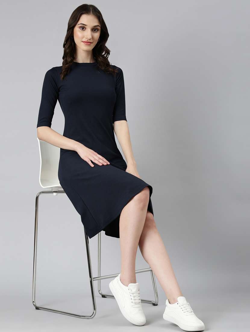 navy blue self design a-line dress - 20383513 -  Standard Image - 3