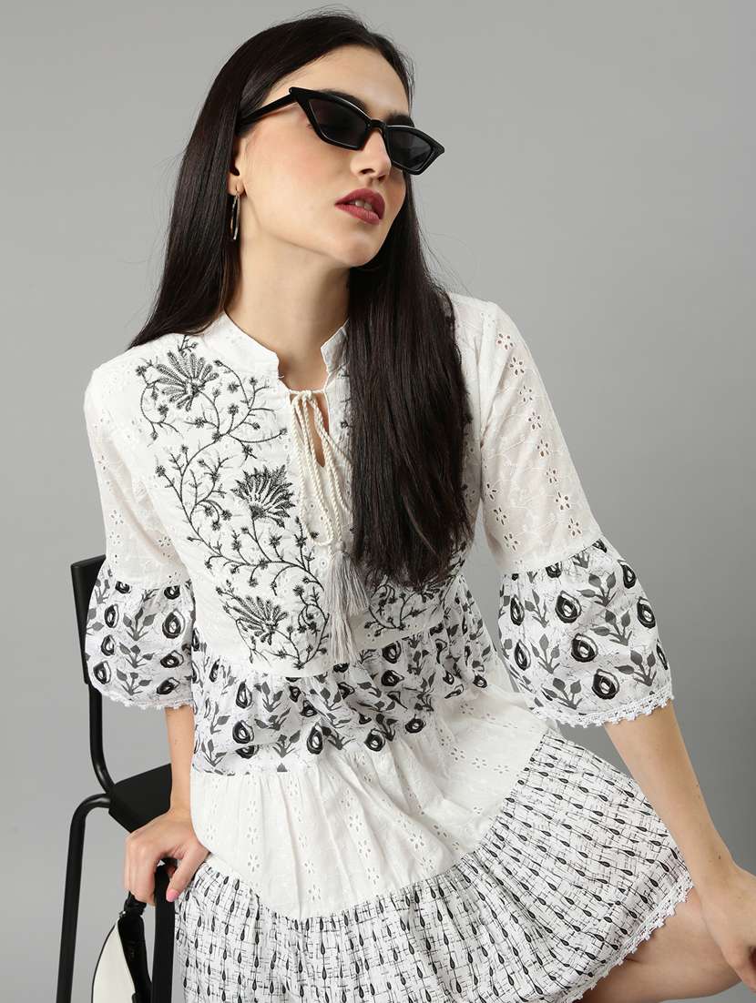 optic white schiffli work tiered dress - 20383520 -  Standard Image - 3