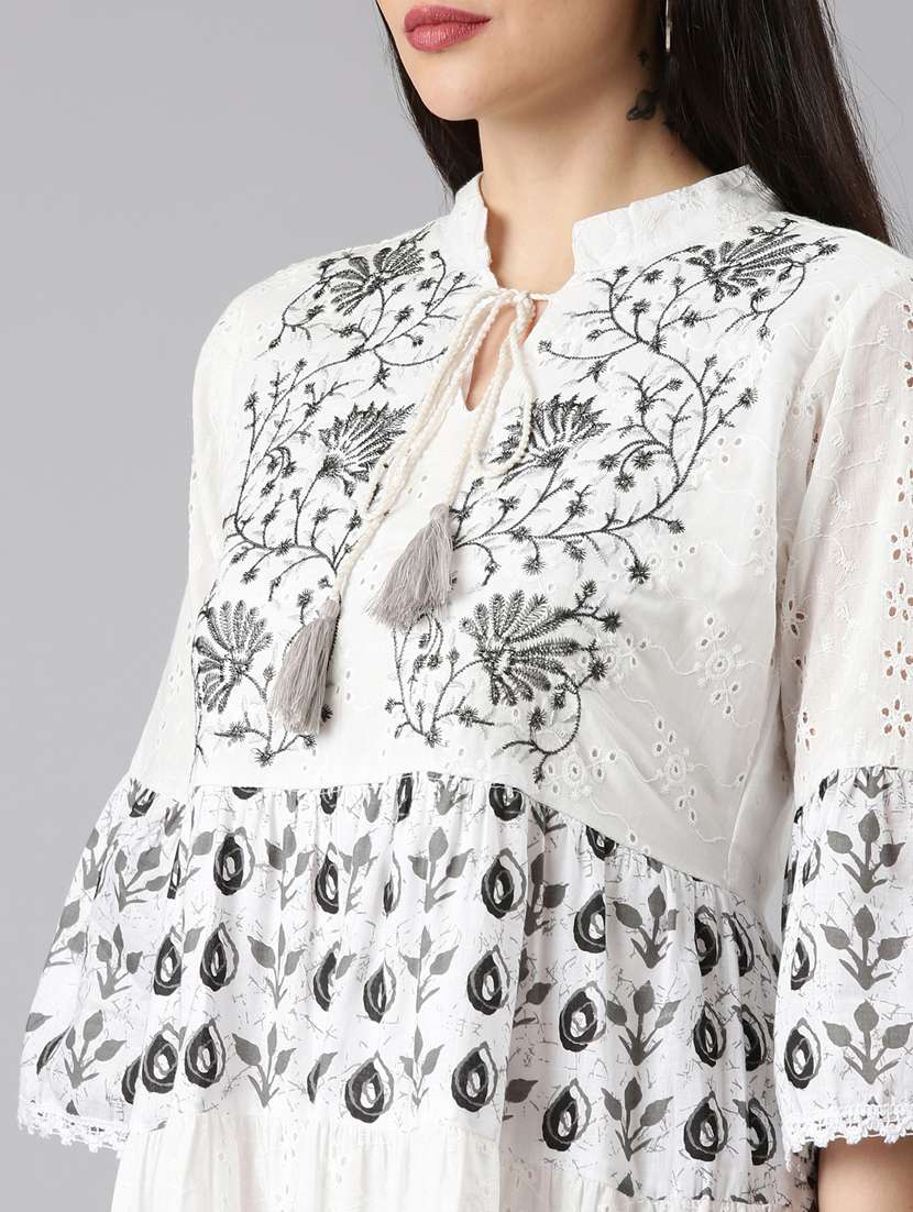 optic white schiffli work tiered dress - 20383520 -  Standard Image - 5