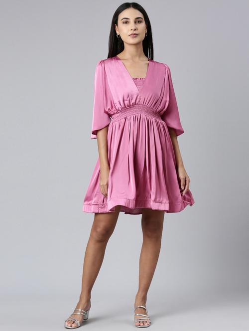 pink solid fit & flare dress - 20383521 -  Standard Image - 0