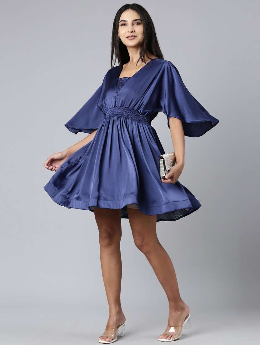 navy blue solid a-line dress - 20383522 -  Standard Image - 3