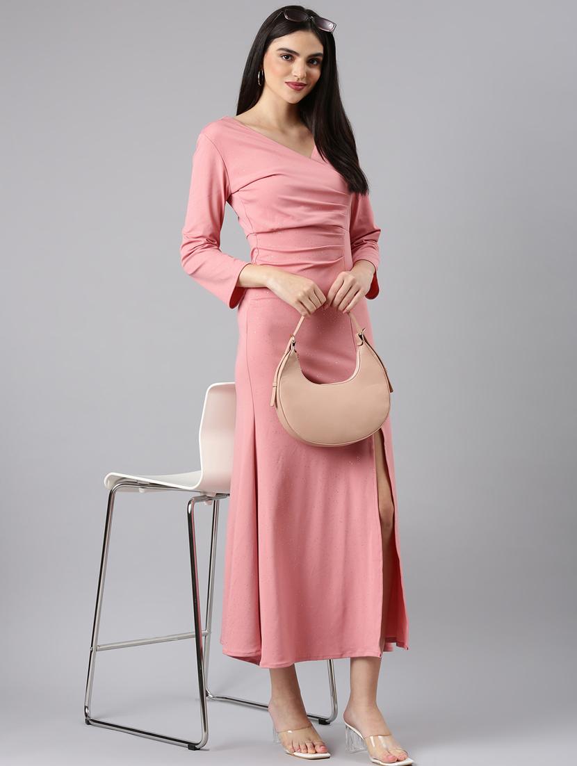 women peach cotton high slit dress - 20383523 - Standard Image - 3