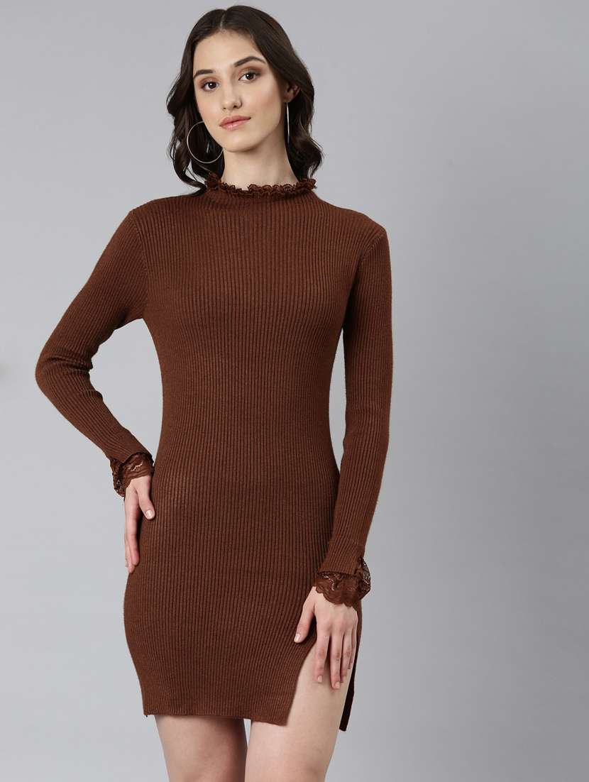 brown solid long sleeves bodycon dress