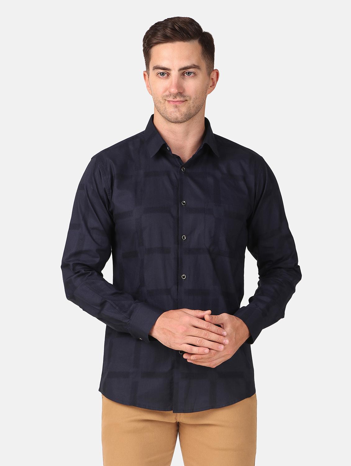 men navy blue self design slim fit cotton casual shirt - 20383552 - Zoom Image - 0