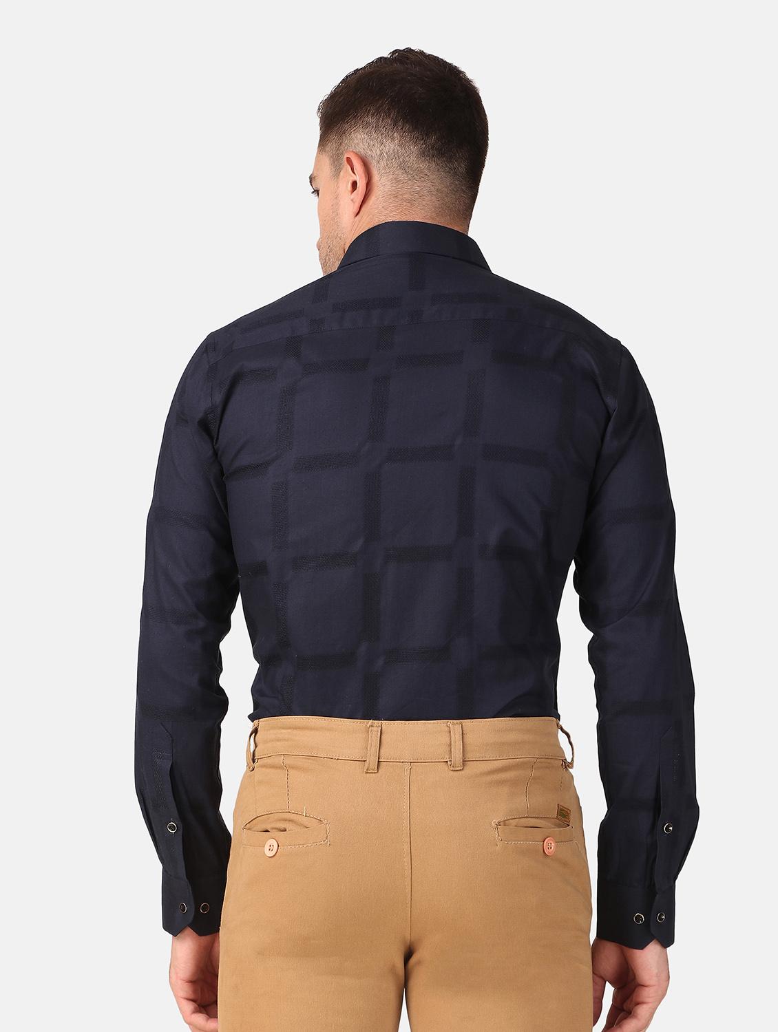 men navy blue self design slim fit cotton casual shirt - 20383552 - Standard Image - 3
