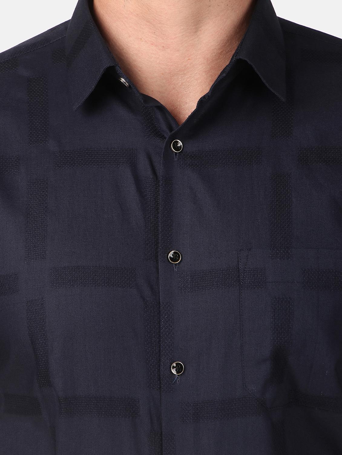 men navy blue self design slim fit cotton casual shirt - 20383552 - Standard Image - 5
