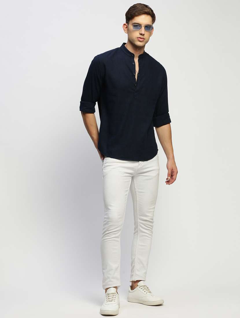 men navy blue slim fit cotton blend short kurta - 20383851 -  Standard Image - 3