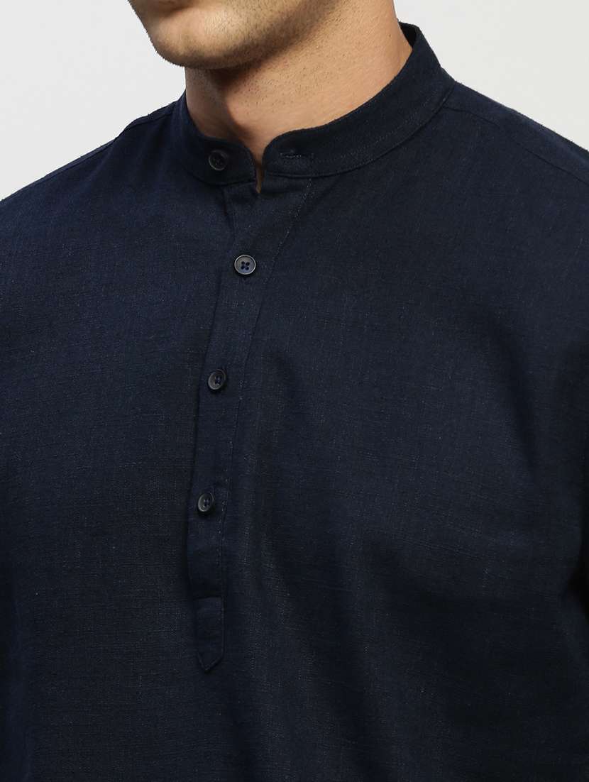 men navy blue slim fit cotton blend short kurta - 20383851 -  Standard Image - 5