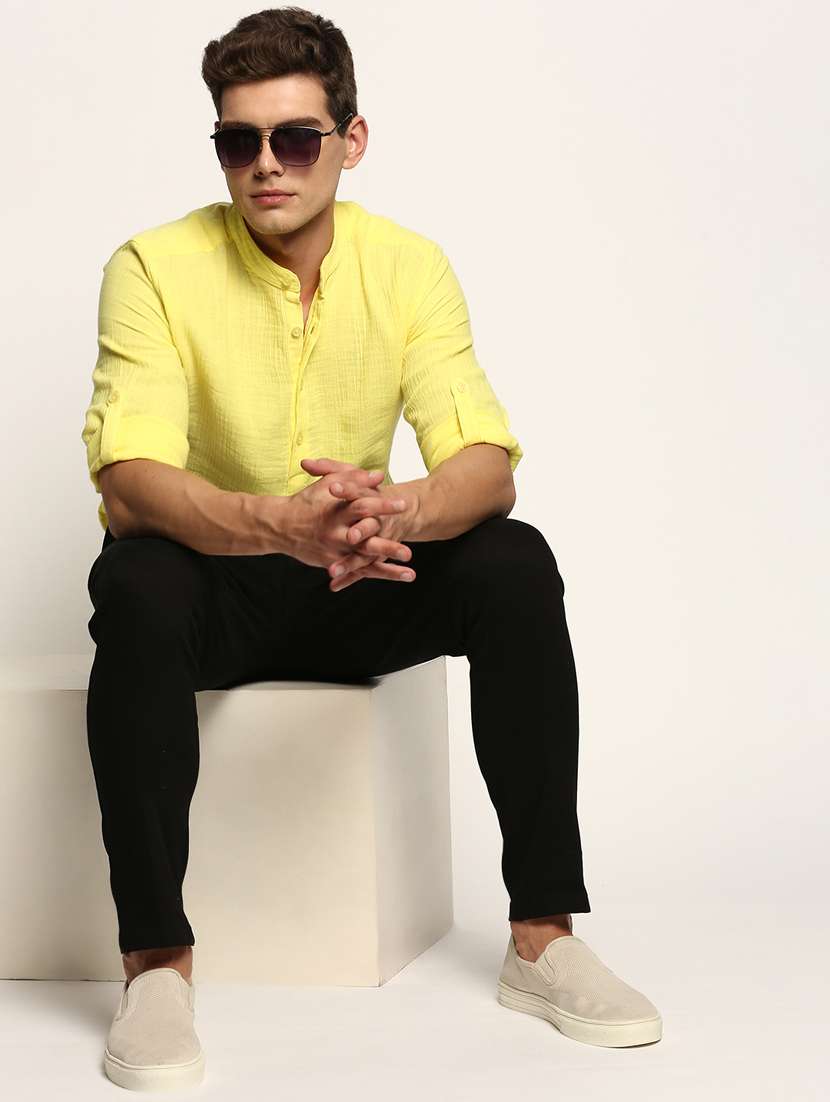 men solid yellow cotton blend short kurta - 20383852 -  Standard Image - 3