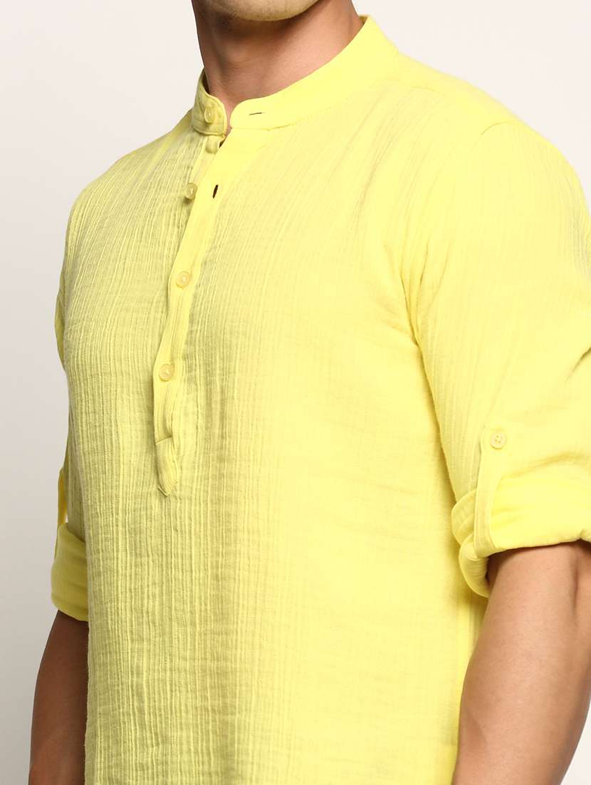 men solid yellow cotton blend short kurta - 20383852 -  Standard Image - 5