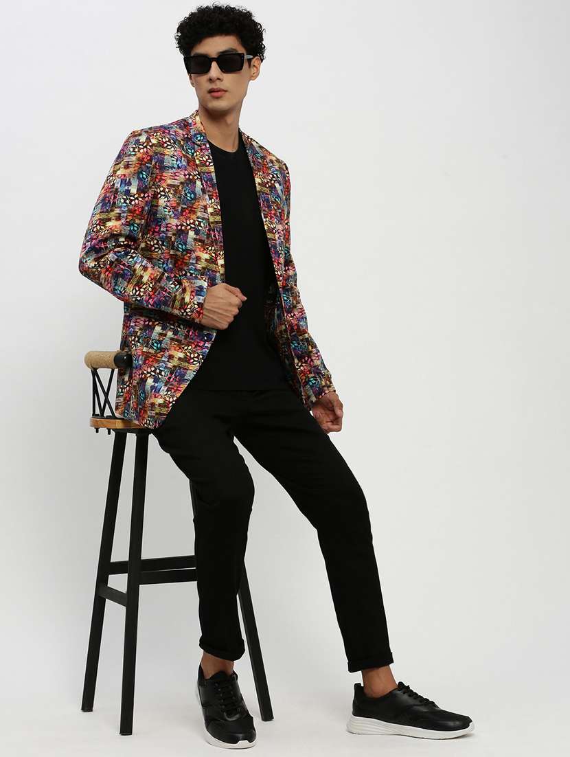 men multi colored printed cotton blend single breasted casual blazer - 20383862 - Standard Image - 3