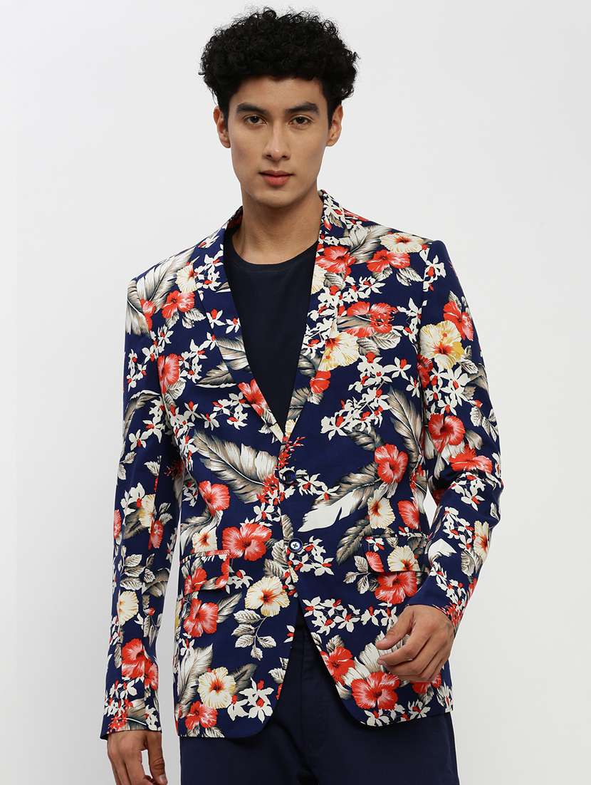 men navy blue floral printed single breasted casual blazer - 20383864 - Zoom Image - 0