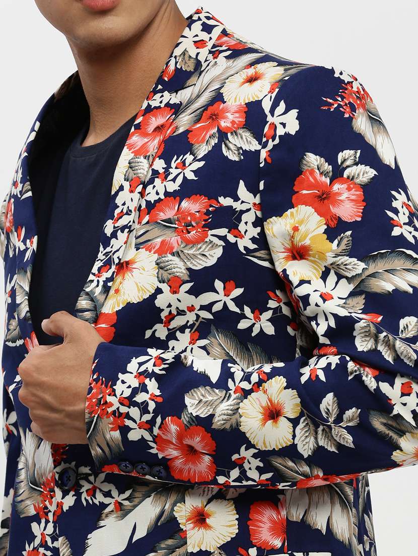 men navy blue floral printed single breasted casual blazer - 20383864 - Standard Image - 5
