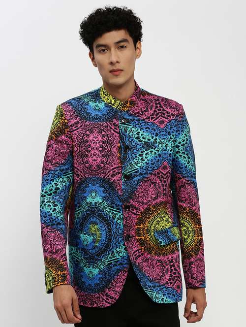 men multi colored printed cotton blend single breasted casual blazer - 20383865 -  Standard Image - 0