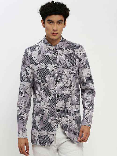 men grey printed cotton blend single breasted casual blazer - 20383869 -  Standard Image - 0