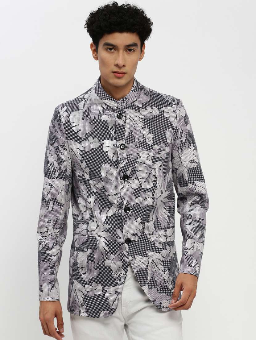 men grey printed cotton blend single breasted casual blazer