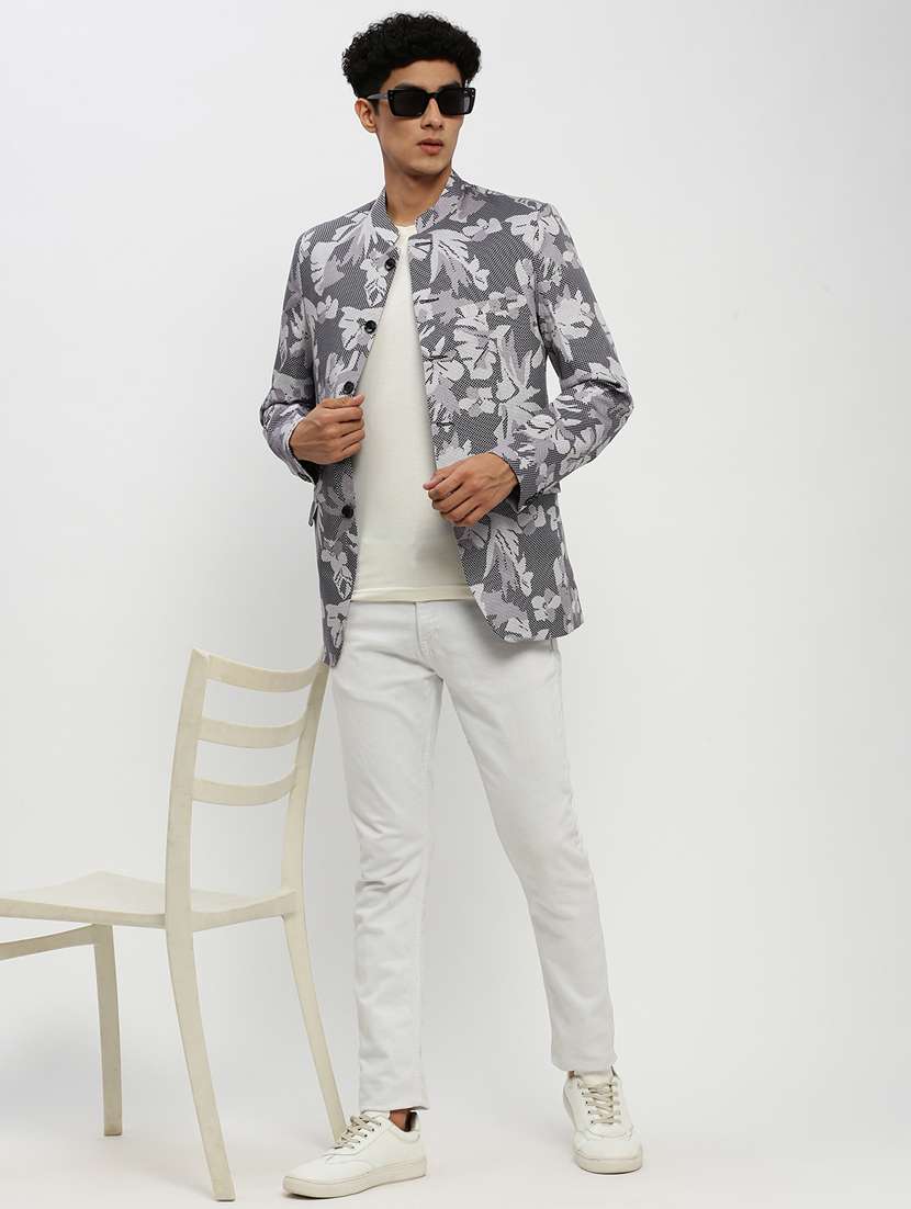 men grey printed cotton blend single breasted casual blazer - 20383869 -  Standard Image - 3