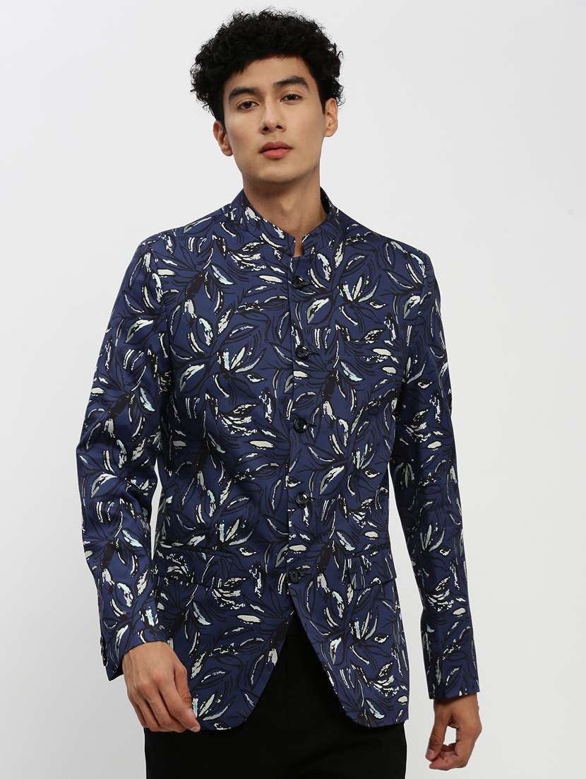 men navy blue tropical print single breasted casual blazer