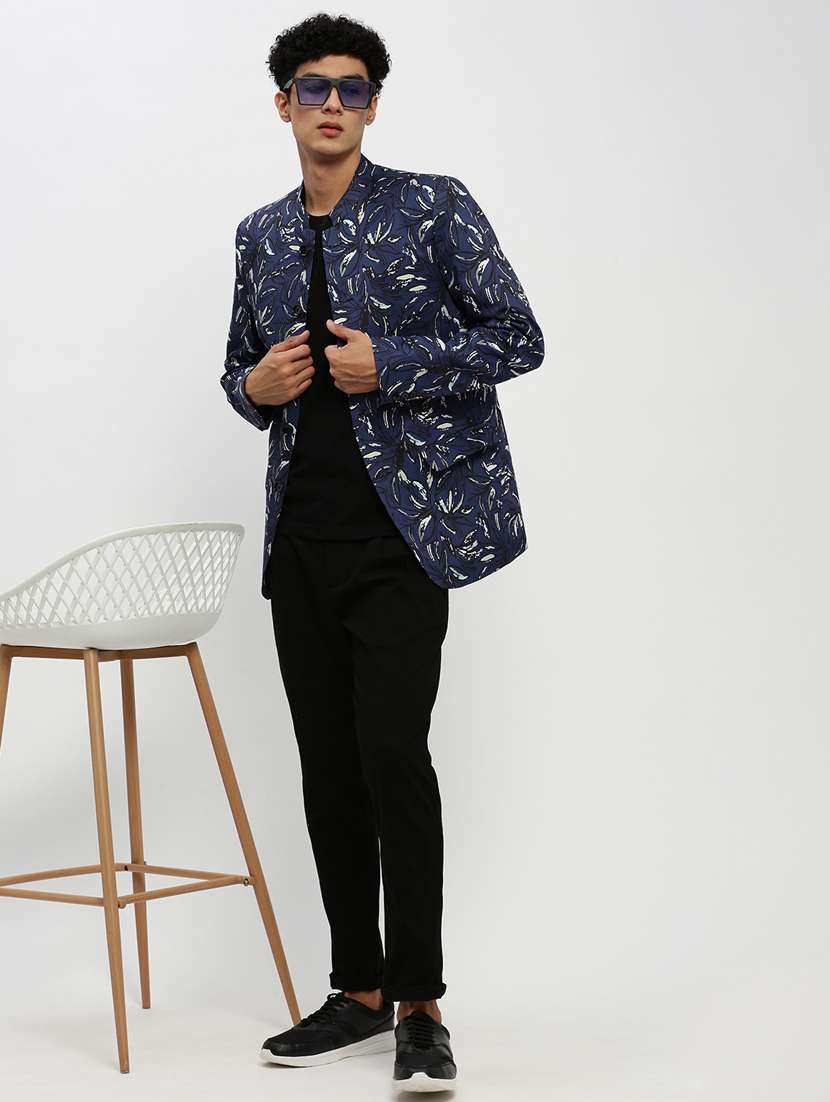 men navy blue tropical print single breasted casual blazer - 20383871 -  Standard Image - 3