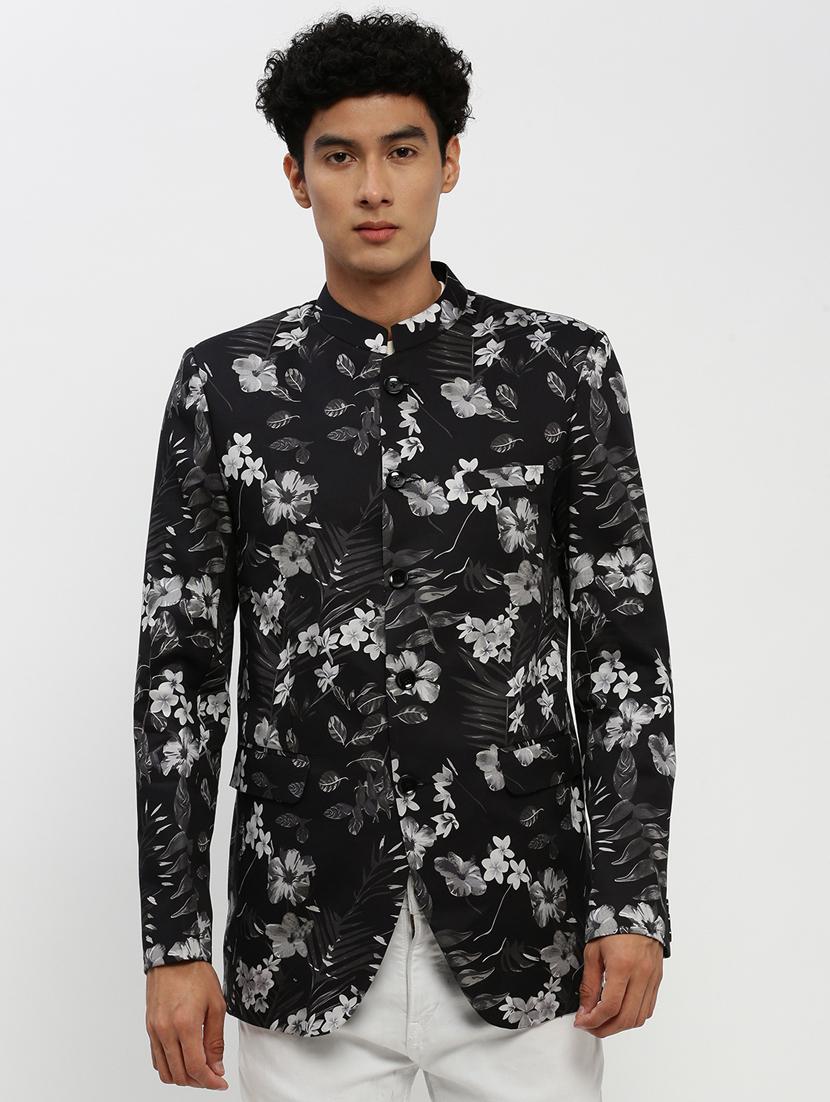 men floral printed black cotton blend bandhgalas casual blazer - 20383872 - Zoom Image - 0