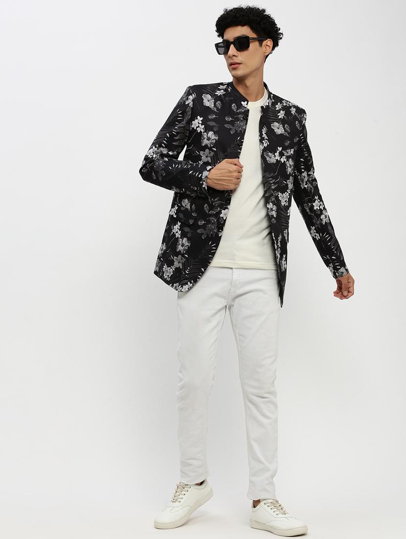 men floral printed black cotton blend bandhgalas casual blazer - 20383872 - Standard Image - 3