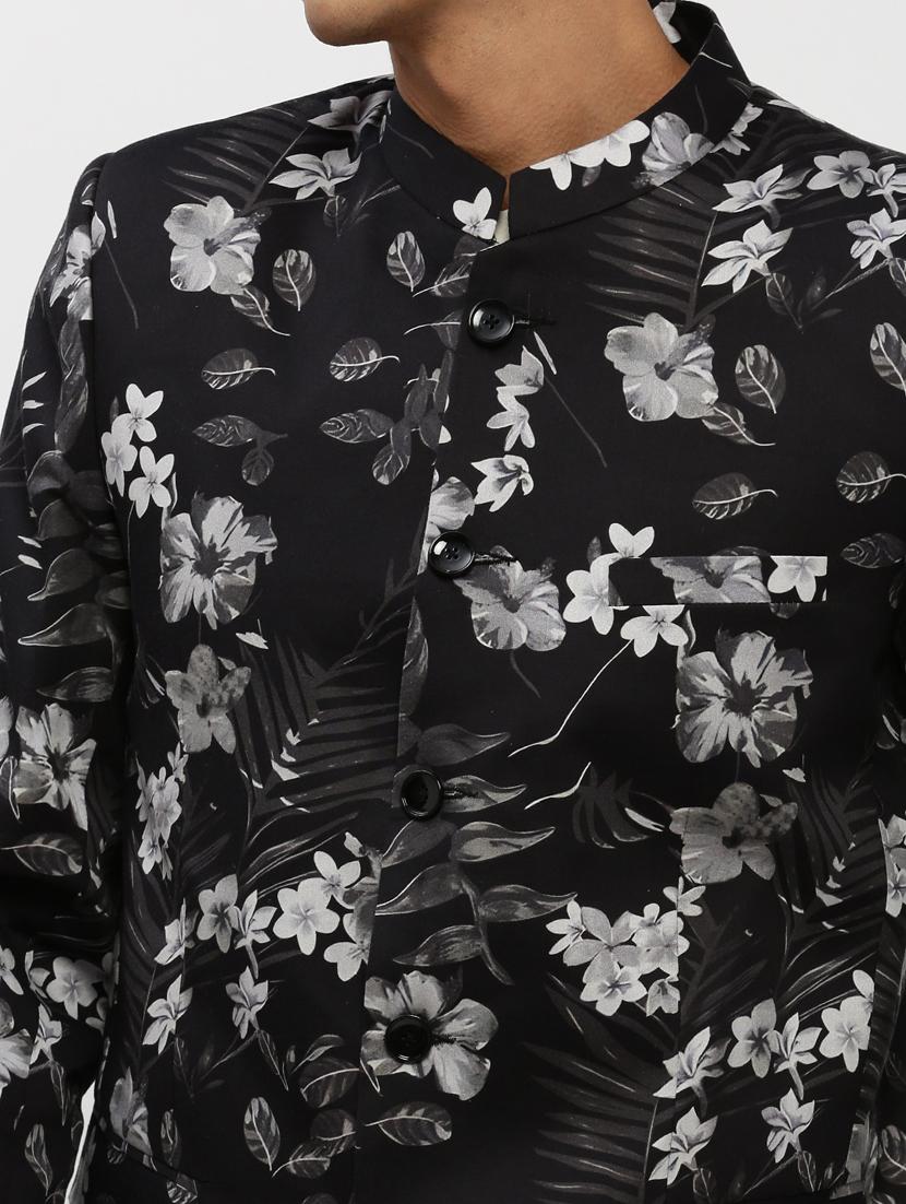 men floral printed black cotton blend bandhgalas casual blazer - 20383872 - Standard Image - 5