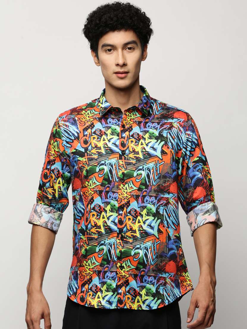 men multi colored graphic print slim fit cotton blend casual shirt - 20383924 -  Zoom Image - 0