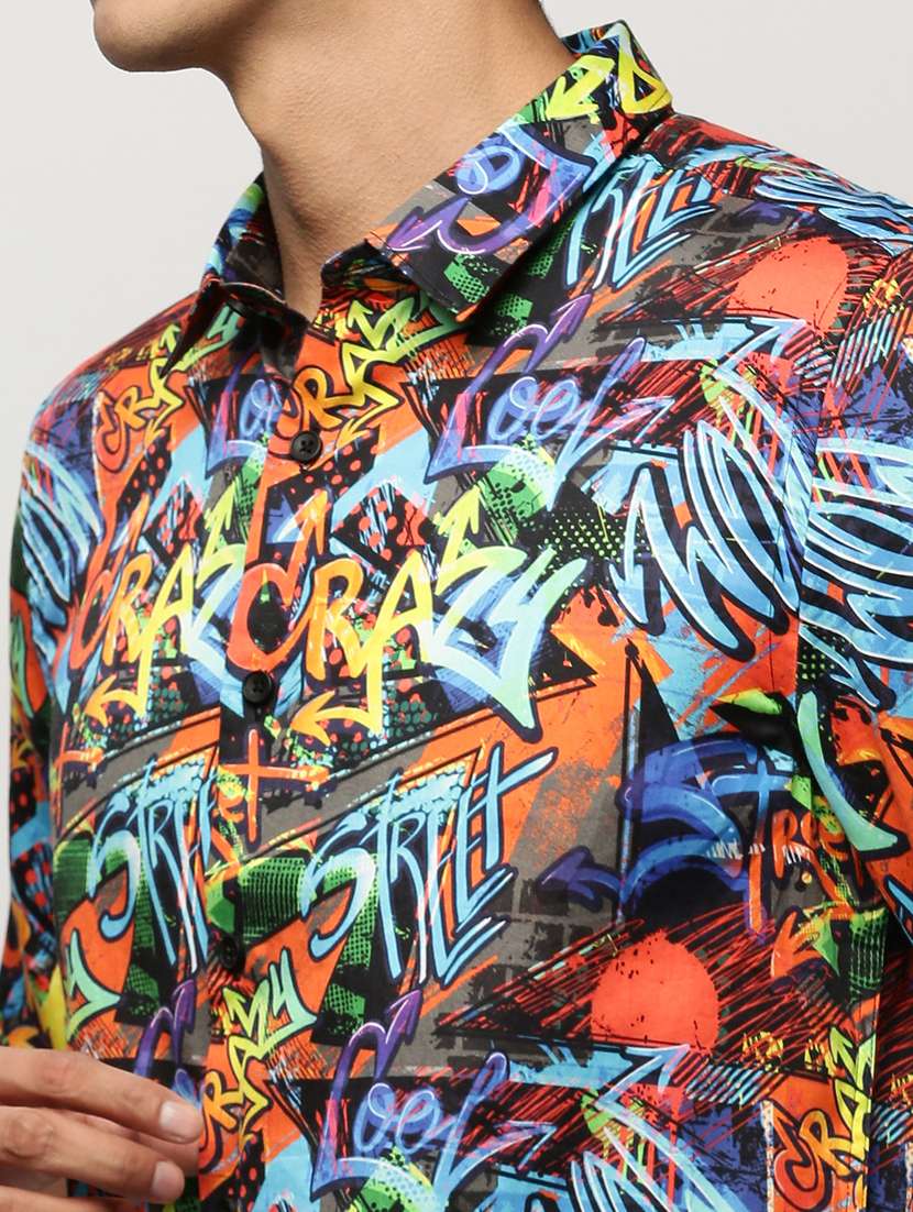 men multi colored graphic print slim fit cotton blend casual shirt - 20383924 - Standard Image - 5