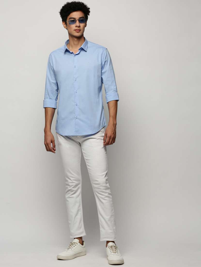 men light blue solid cotton blend casual shirt - 20383929 -  Standard Image - 3