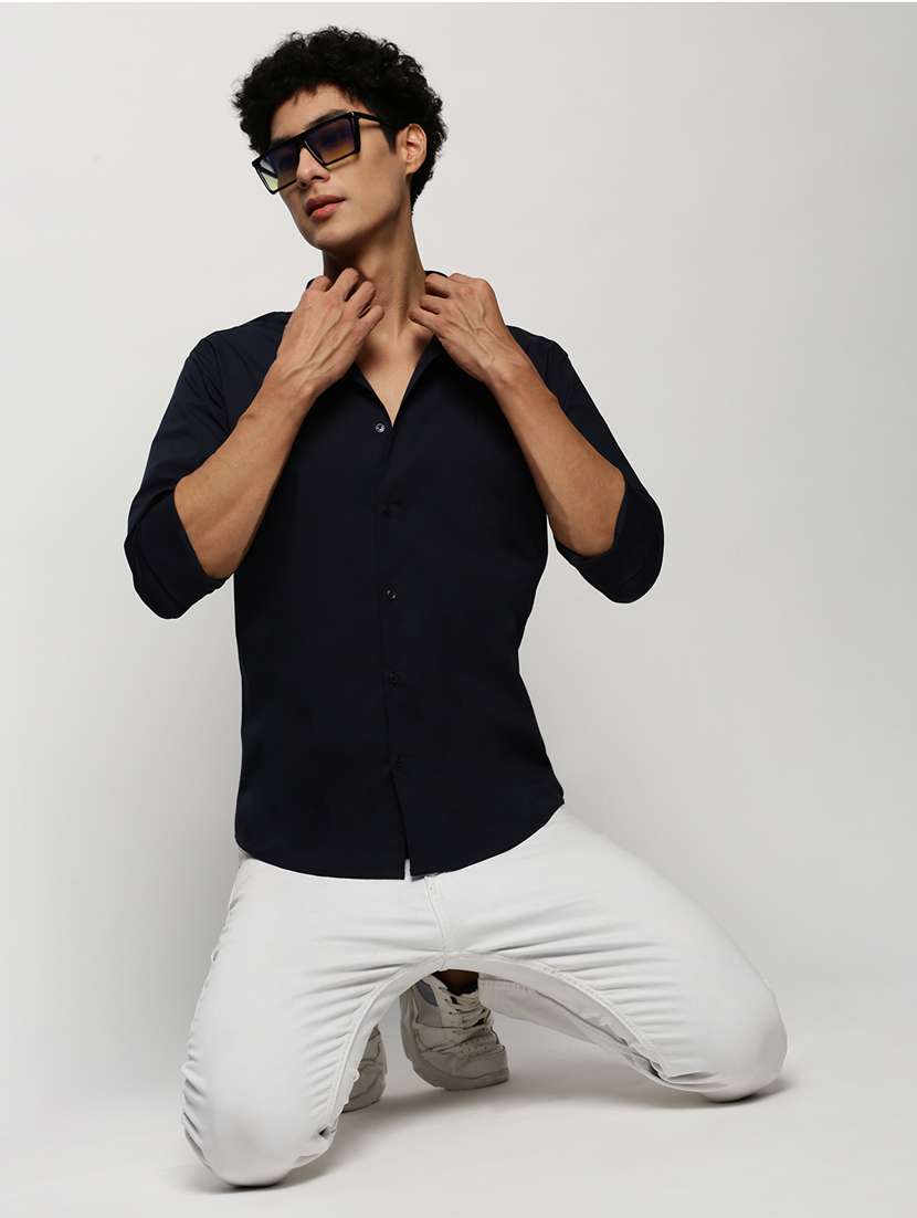 men solid navy blue cotton blend casual shirt - 20383930 -  Standard Image - 3