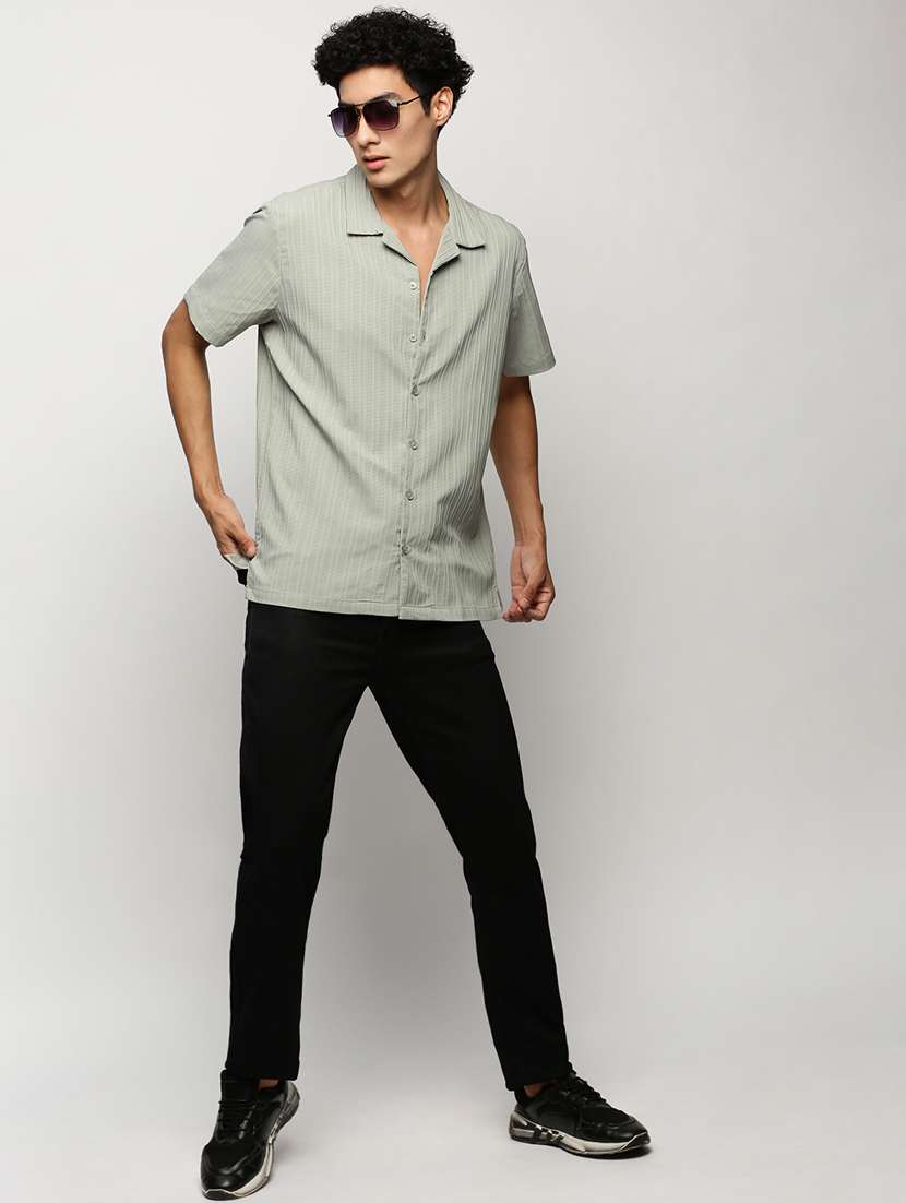 men sea green self design cotton blend casual shirt - 20383938 -  Standard Image - 3