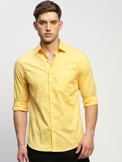men yellow solid cotton blend casual shirt - 20383942 - Standard Image - 0
