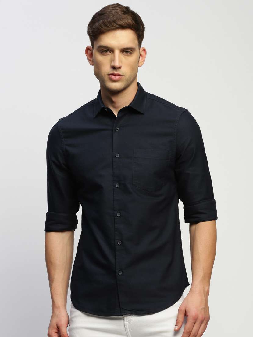 men solid navy blue slim fit cotton blend casual shirt