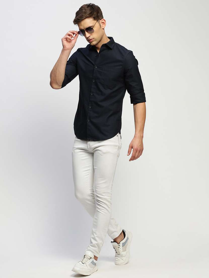 men solid navy blue slim fit cotton blend casual shirt - 20383944 -  Standard Image - 3