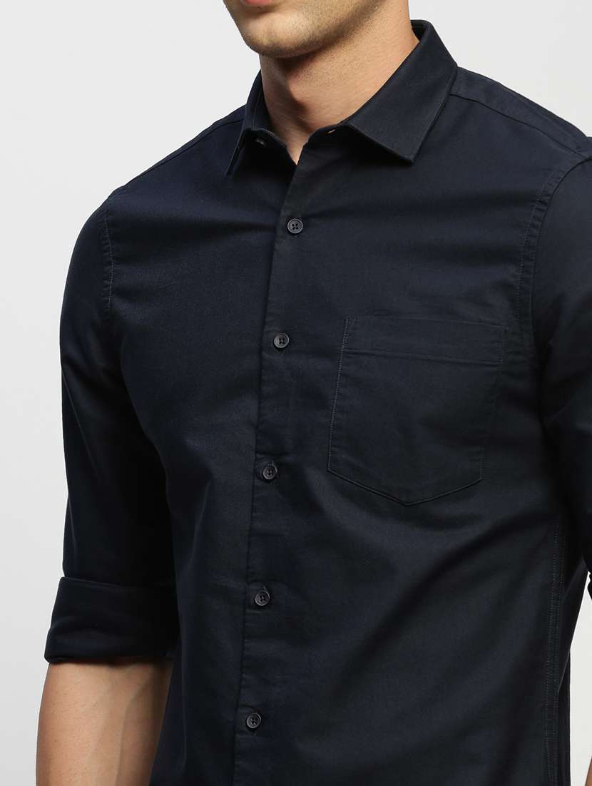 men solid navy blue slim fit cotton blend casual shirt - 20383944 -  Standard Image - 5
