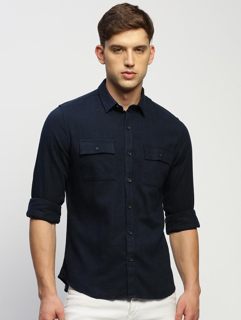 men navy blue solid cotton blend casual shirt - 20383946 - Zoom Image - 0