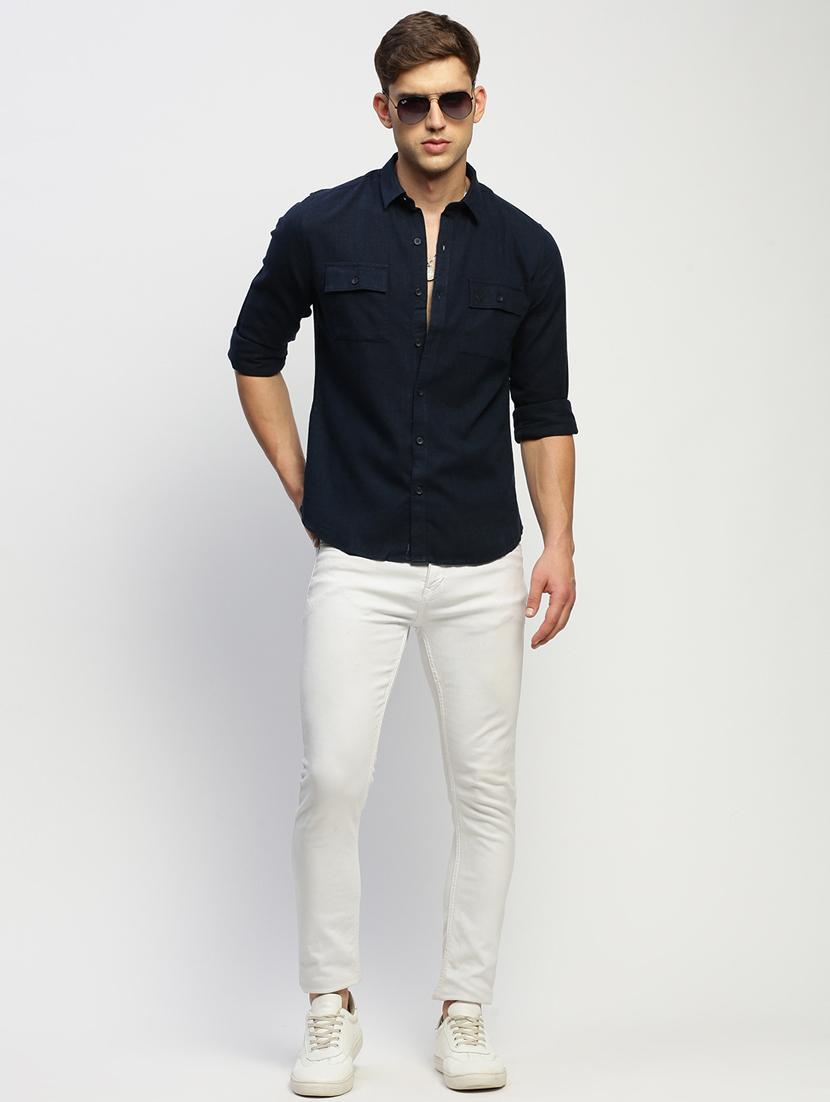men navy blue solid cotton blend casual shirt - 20383946 - Standard Image - 3