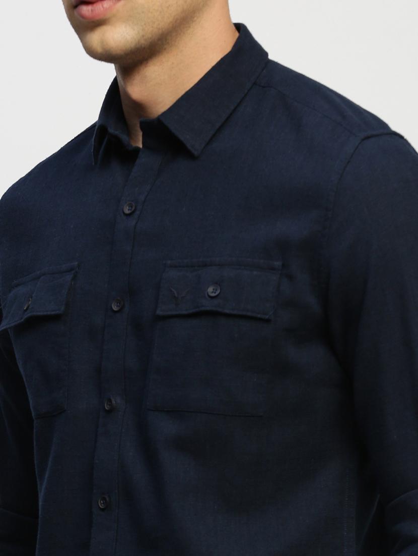 men navy blue solid cotton blend casual shirt - 20383946 - Standard Image - 5