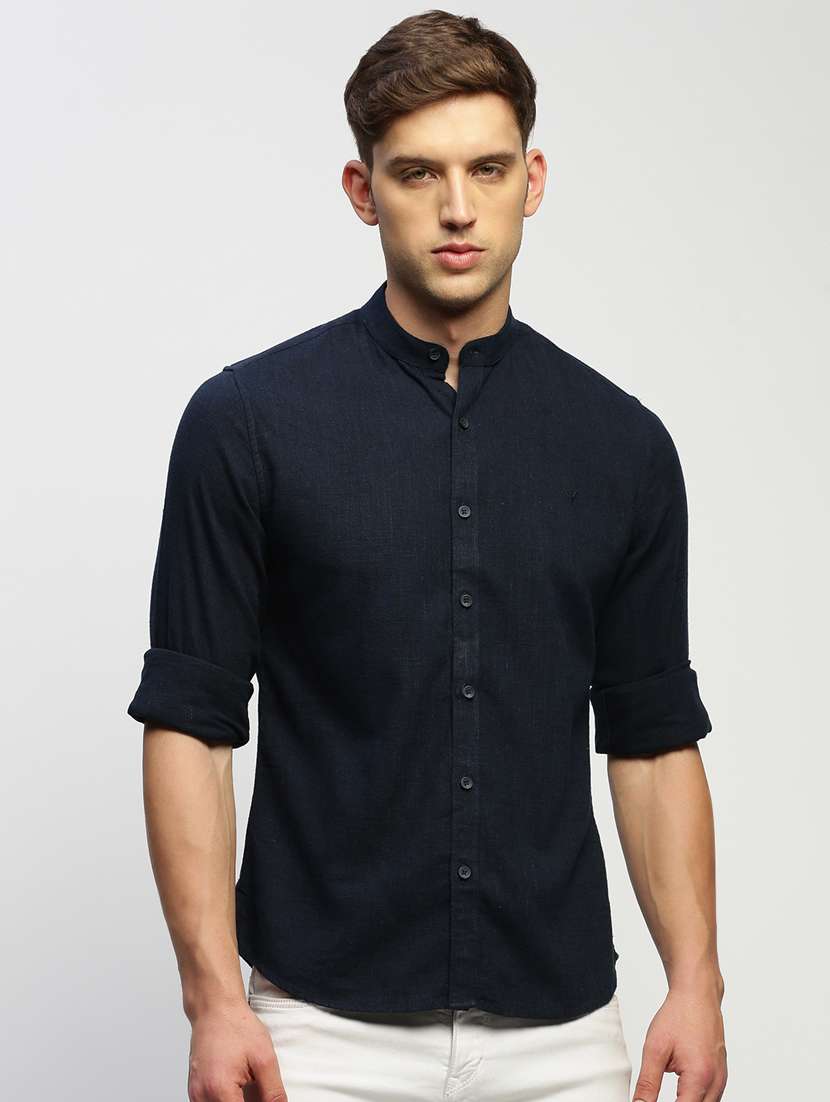 men navy blue solid cotton blend casual shirt - 20383951 - Zoom Image - 0