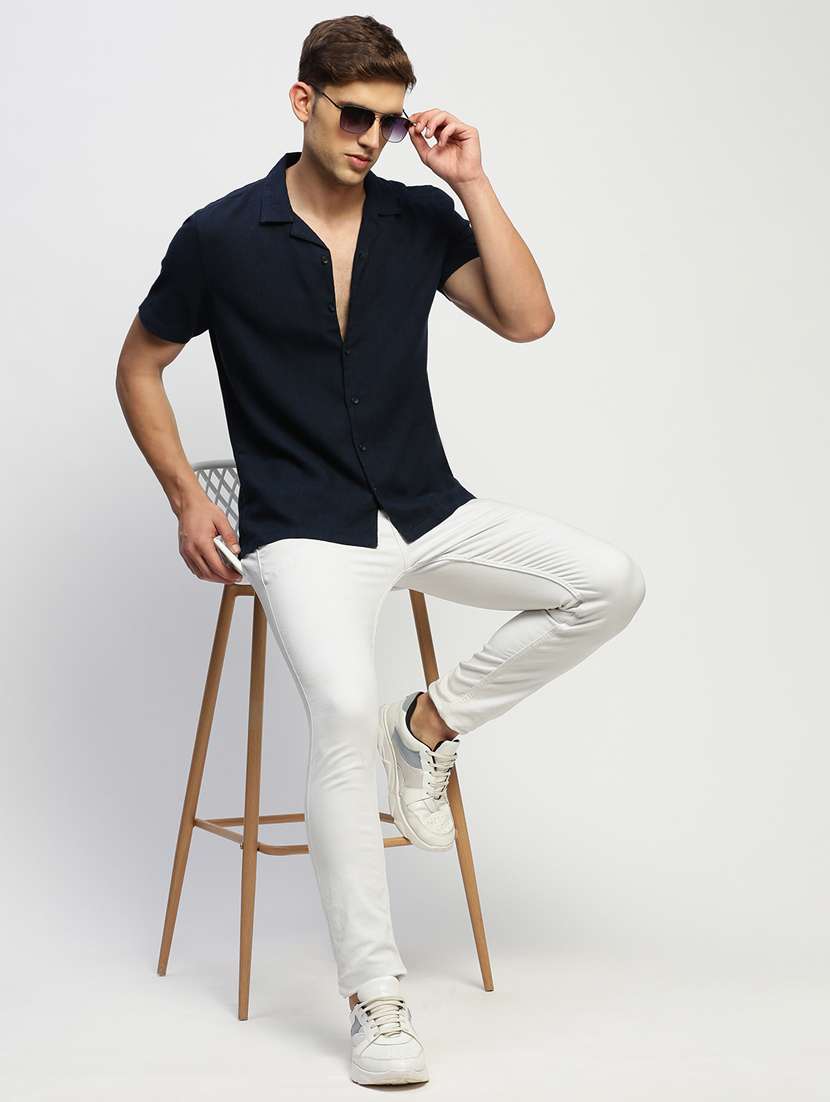men navy blue solid cotton blend casual shirt - 20383954 -  Standard Image - 3