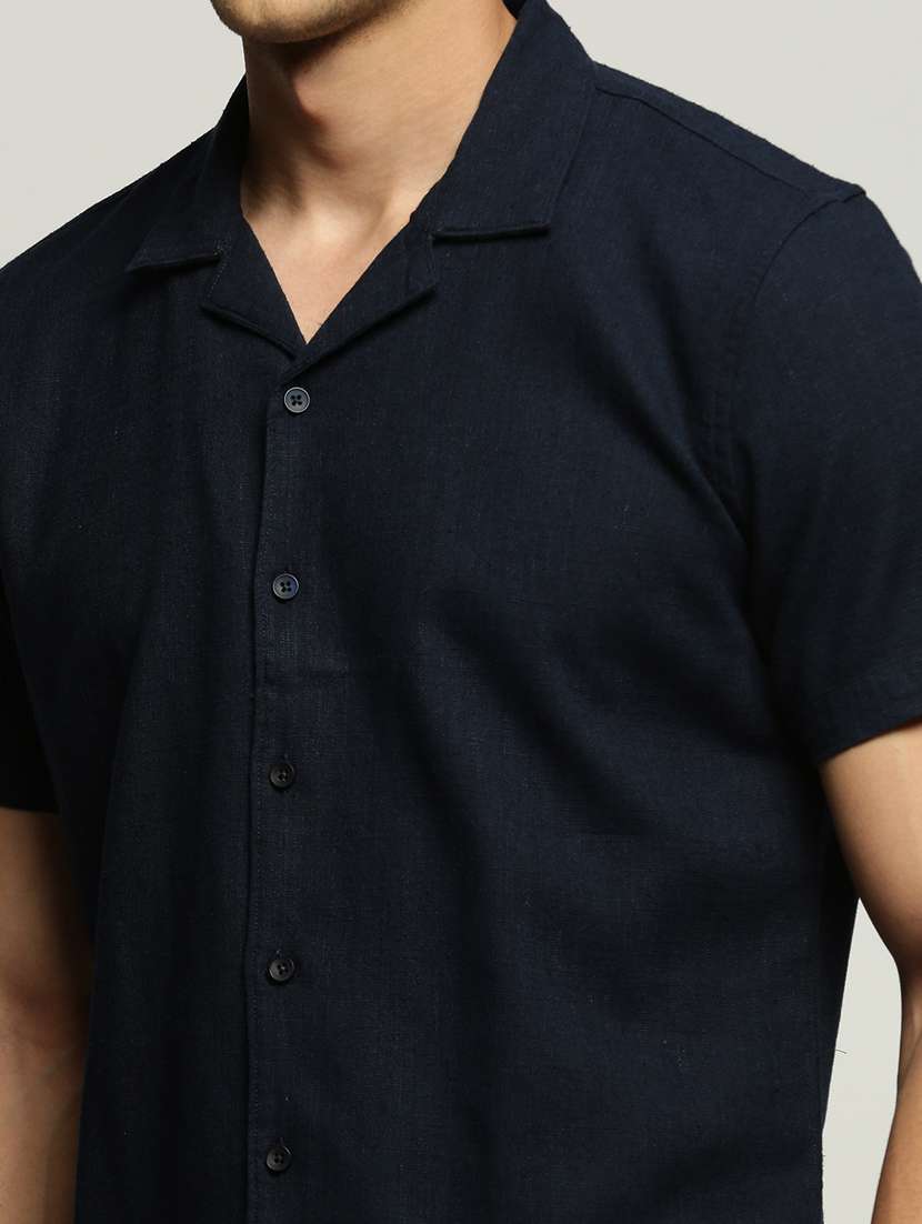 men navy blue solid cotton blend casual shirt - 20383954 -  Standard Image - 5