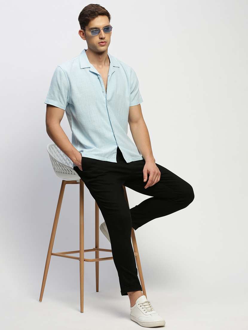 men purist blue solid cuban collar cotton blend casual shirt - 20383959 -  Standard Image - 3