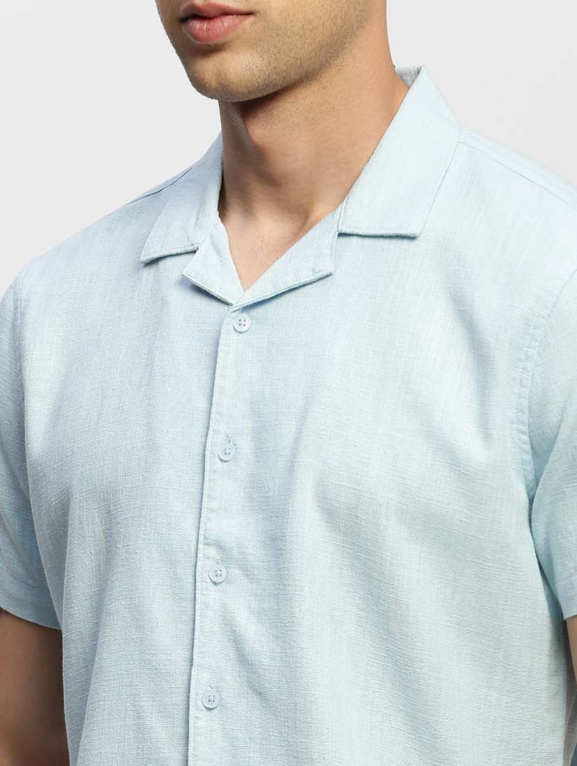 men purist blue solid cuban collar cotton blend casual shirt - 20383959 -  Standard Image - 5