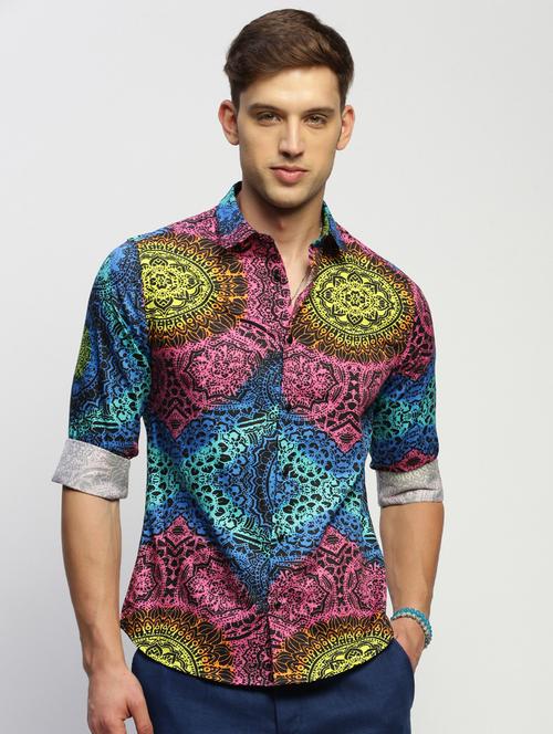 men multi colored printed slim fit cotton blend casual shirt - 20383967 -  Standard Image - 0