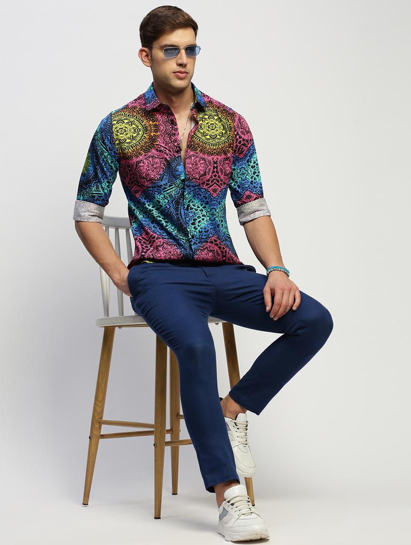 men multi colored printed slim fit cotton blend casual shirt - 20383967 - Standard Image - 3
