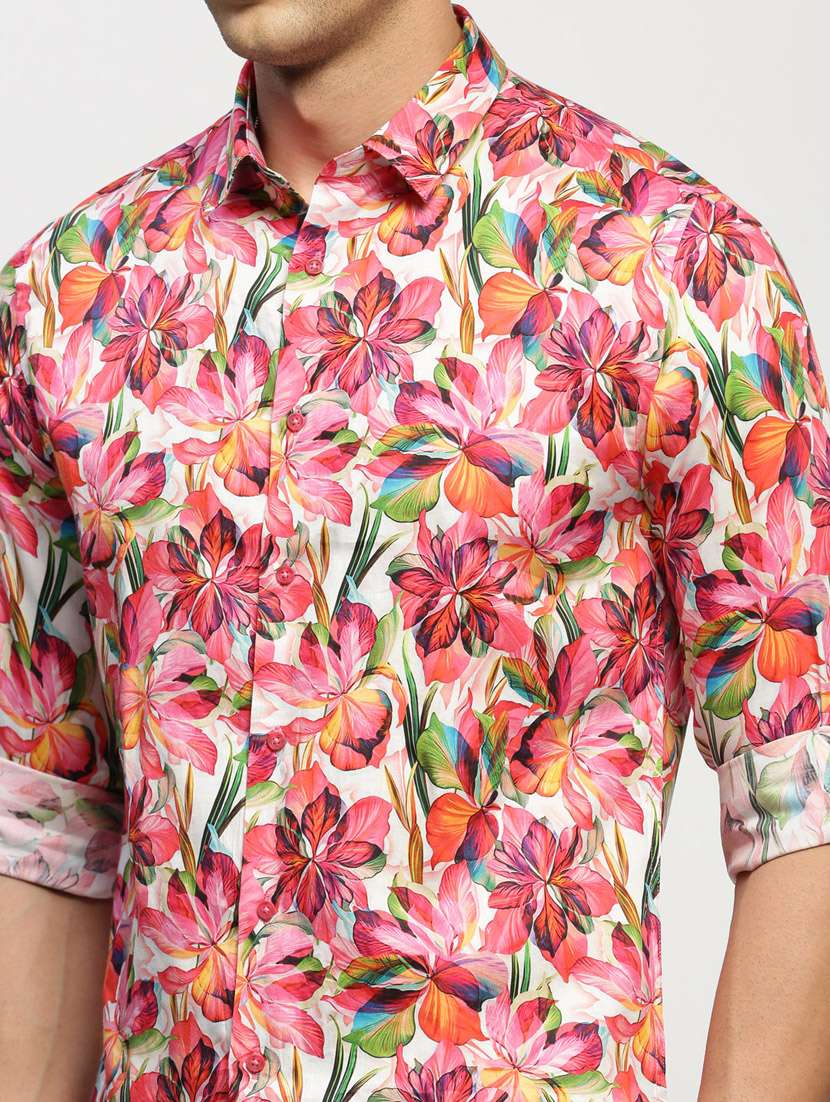 men pink floral print cotton blend casual shirt - 20383969 -  Standard Image - 5