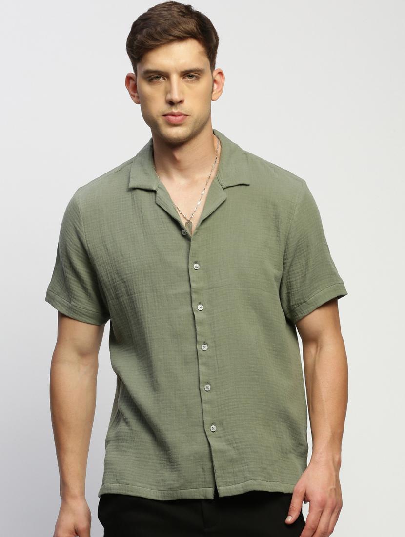 men olive cotton blend casual shirt - 20383975 -  Zoom Image - 0