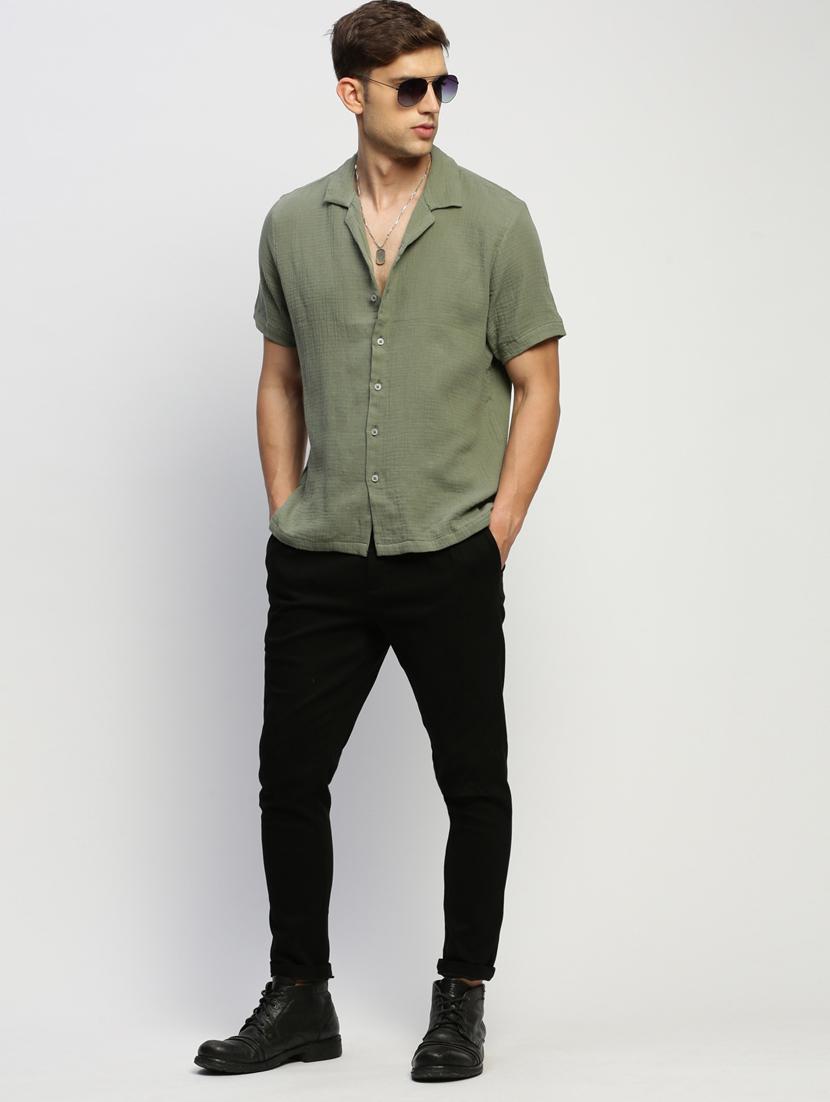men olive cotton blend casual shirt - 20383975 - Standard Image - 3